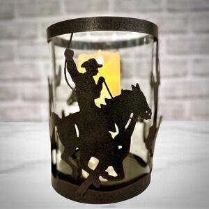Cowboy Metal Glass Pillar Candle Holder Western Frontier Horse Cactus  7.5" Tall